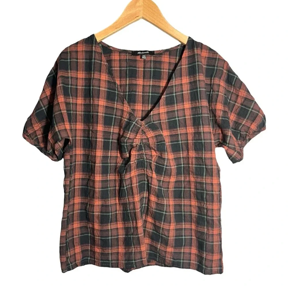 Madewell Gathered V-Neck Top in Fuller Plaid Warm Umber